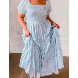 Jessakae Alice blue pink floral smocked tiered ruffle boho maxi dress XL